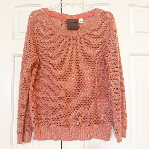 Anthropologie Guinevere Coral Pink Open Knit Hemp Blend Sweater Large - Picture 9 of 15
